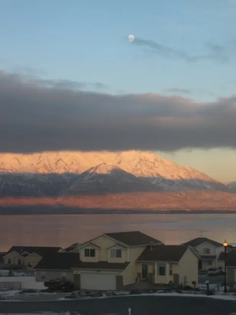 Utah Lake seen from Springville with the Lake Mountains on the far shore.
